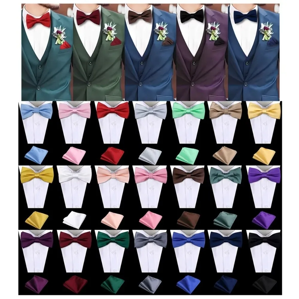 Jewelry Gift Solid Color Bow Tie Set Collar Polyester Pocket Square Set Pre-tied Bowtie Handkerchief Wedding Accessory Set Gift