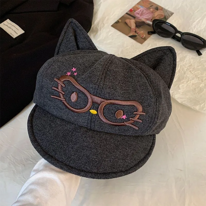 Retro Cartoon Beret Collection Cute Ear Flat Top Octagonal Beret Hat for Women Autumn Winter Cute Cat Ear Cap Trendy Adjustable
