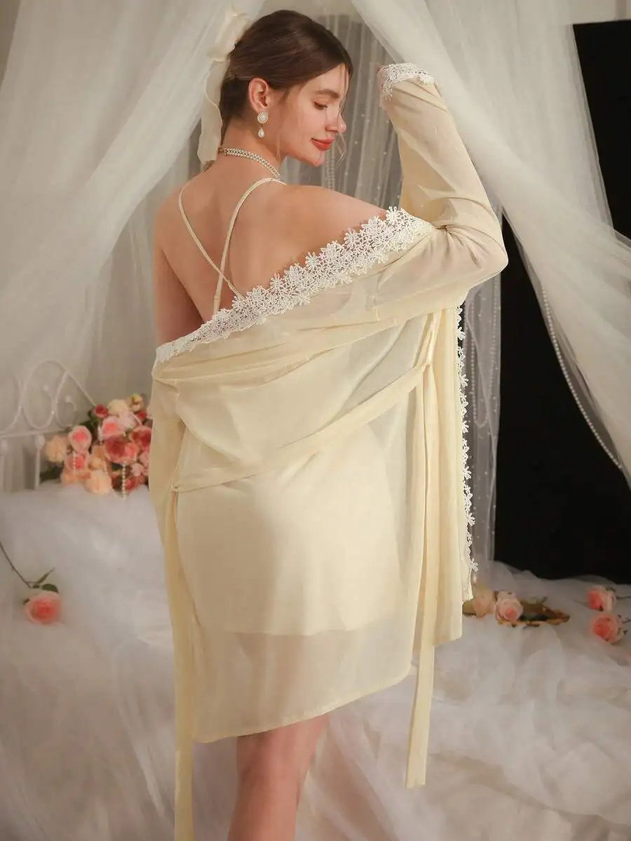

Elegant Lace Trimmed Chiffon Robe And Slip Set Women Sleepwear