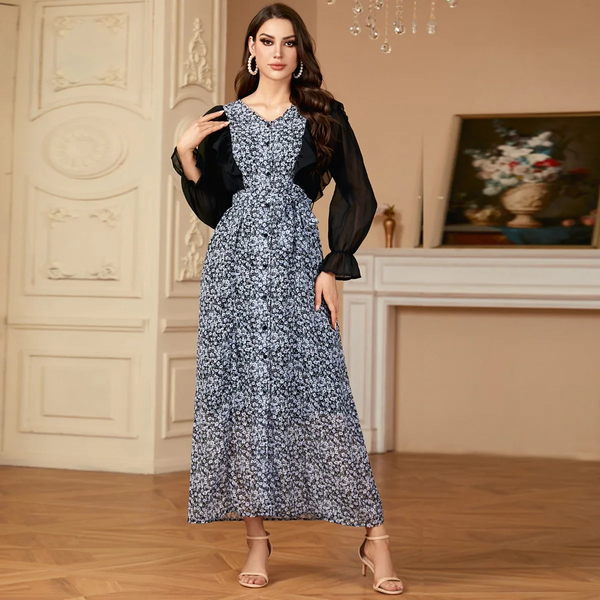 Marokko Bloemenprint Abaya voor Vrouwen Moslim Lange Jurk Chiffon Femme Vestidos Islam Gekleed Dubai Abaya Turkije Kaftan Caftan