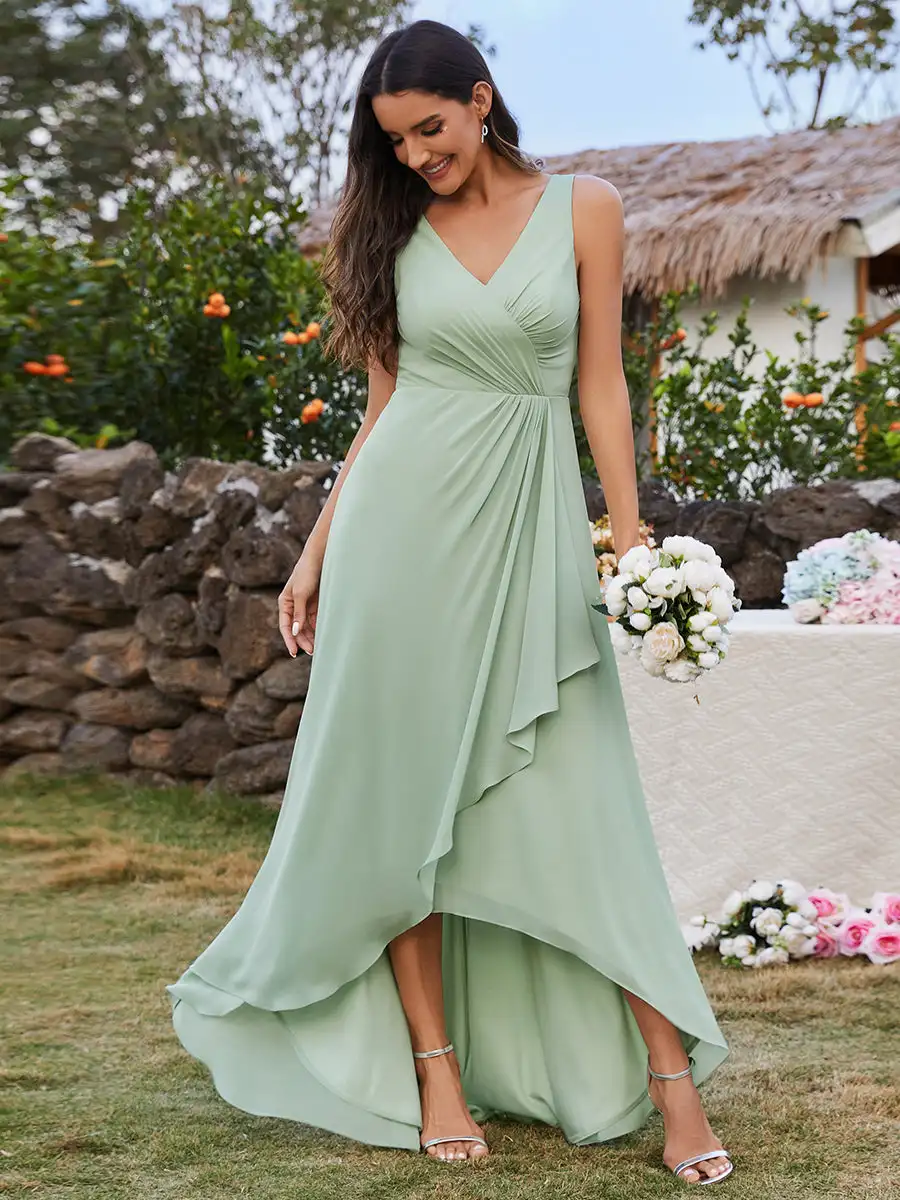 Elegant Evening Dresses V-neck Sleeveless Asymmetrical Ruffles Hem 2024 Ever Pretty of Chiffon Mint Green Bridesmaid dress