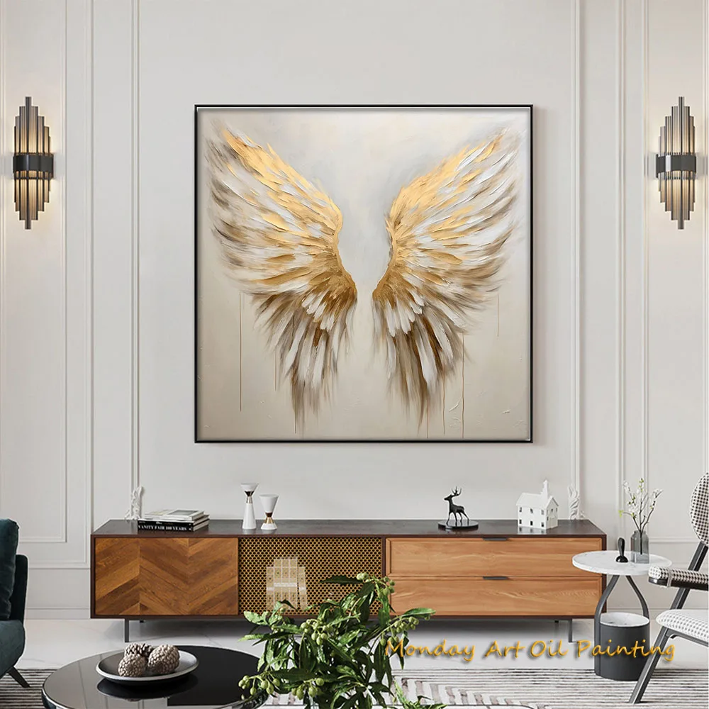 

Golden And White Angel Wing Hand Painted Textured Oil Painting Acrylic Abstract Wall Decor Living Room Fedex Shipping Cost