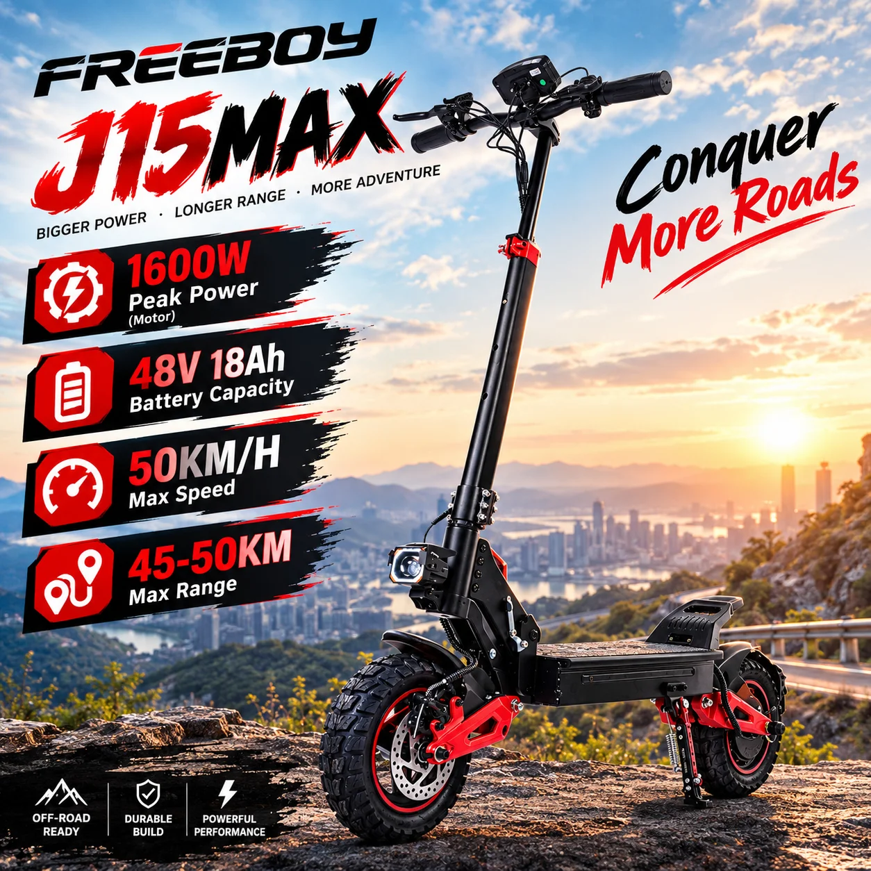 Patinete eléctrico todoterreno Freeboy J15 Max, motor sin escobillas de 1600 W, batería de 48 V y 18 Ah, velocidad máxima de 45 km/h