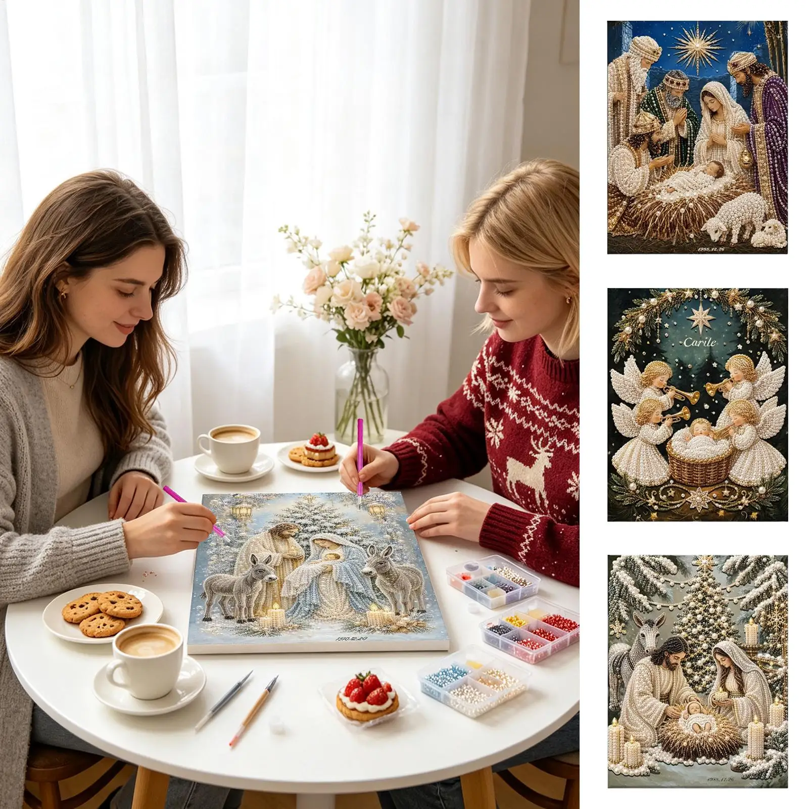 Nativity Scene Pearl Art Kit Pre Printed Interactive Birth of Jesus Painting for Christian Beginners Enthusiasts Family