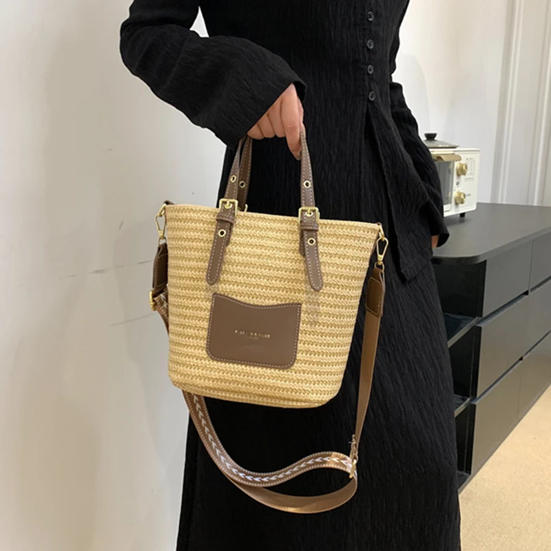 Woven Straw Shoulder Bag Female Crossbody Bags for Women 2023 Designer Bucket Bag Summer Beach Handbags Purse Travel Shopper Bag