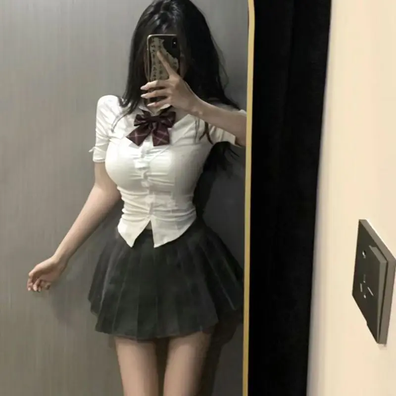 Summer Uniform Set Pure Desire Style Waist-Cinching Slim Fit Short Sleeve Shirt Top Skirt Bow Tie Three-Piece Set for Women