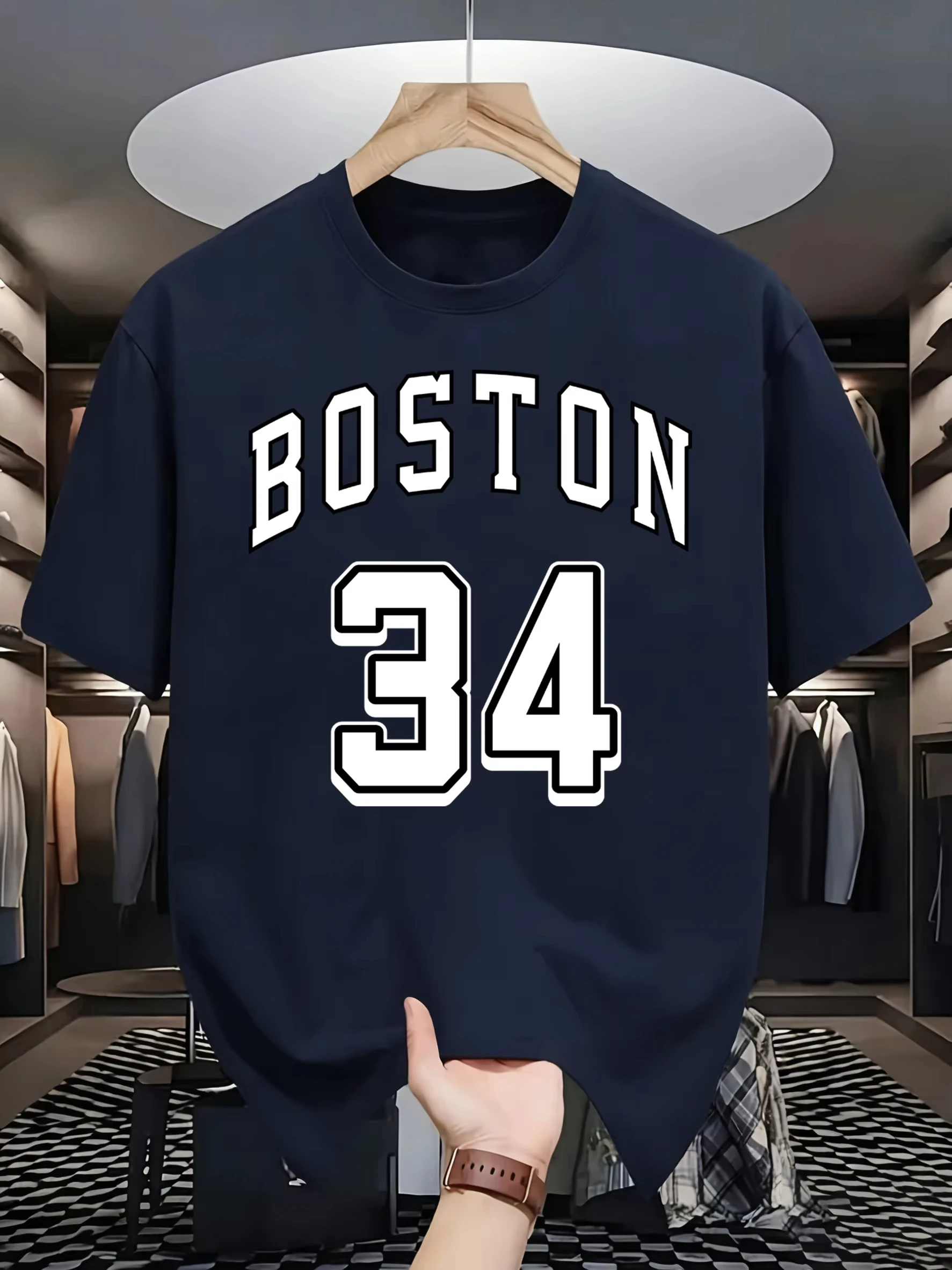 Boston 34 Art Letter Printing Men Retro T Shirt Casual Loose Tee Trendy Cotton Clothing Summer Unisex O-Neck Short Sleeve
