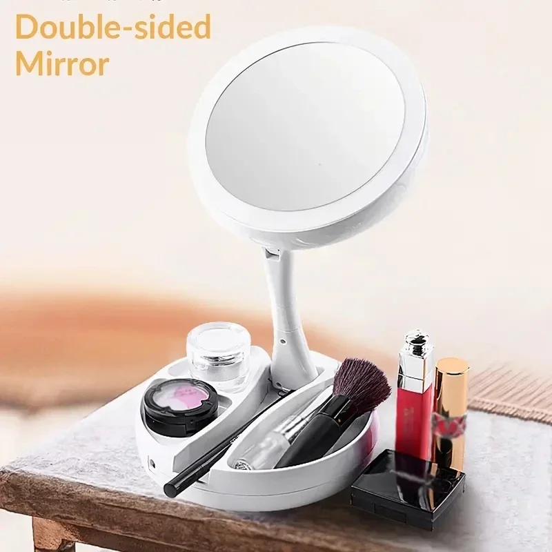 Foldable Vanity Mirror With LED Light Battery/USB Powered Double Sided Mirror Makeup Light Table Lamp For Bedroom Decor Lighting