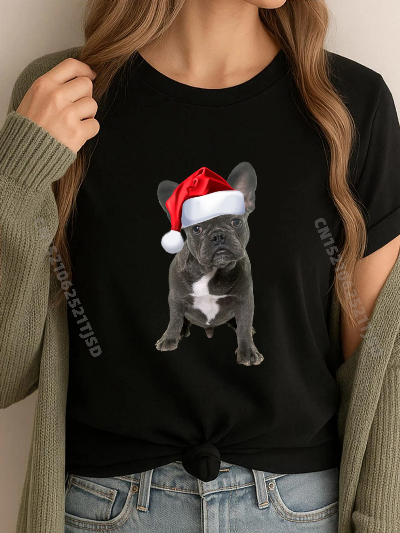 

French Bulldog Puppy Santa Hat Cute Frenchie Christmas Dog Graphic T Shirts Spring Halloween Washed Tshirt for Woman Party