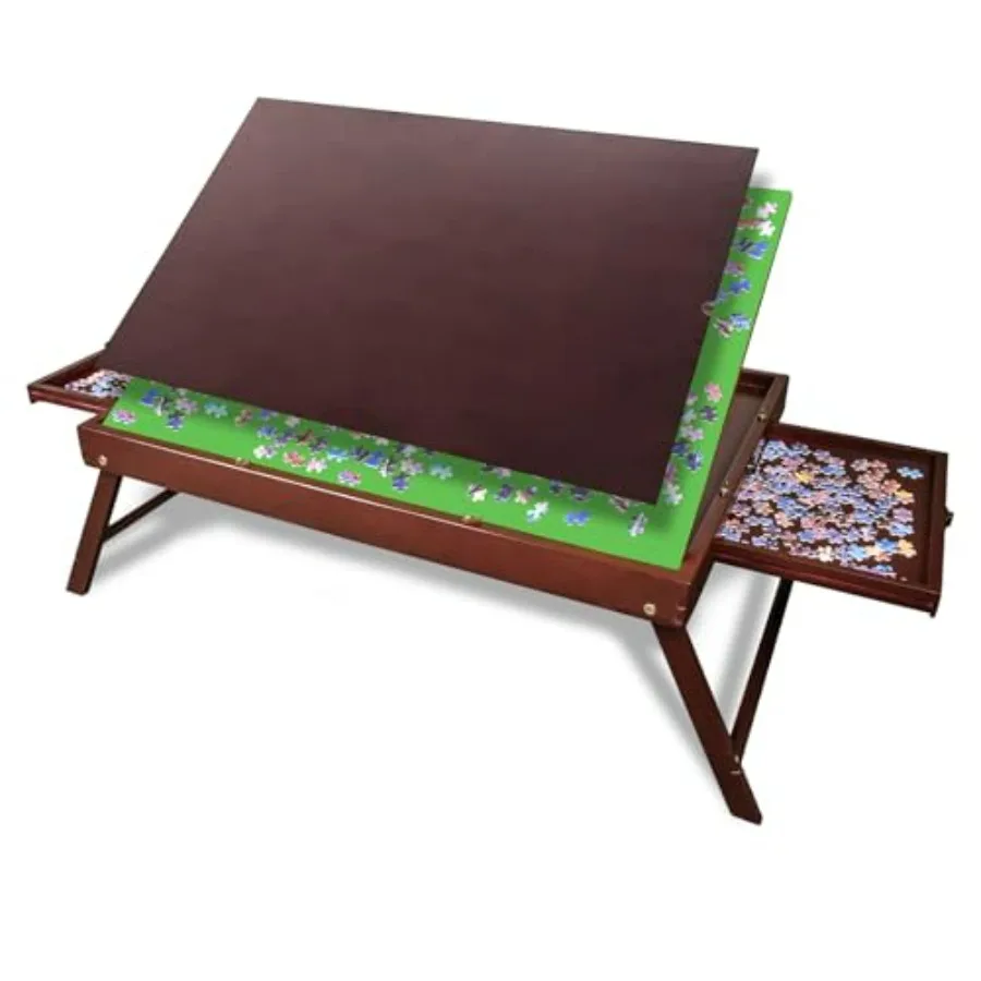 

Solid Wood Puzzle Table for Home Use, Red-Brown, Tilt-Adjustable Desktop with Non-Slip Felt Surface and Storage Drawers