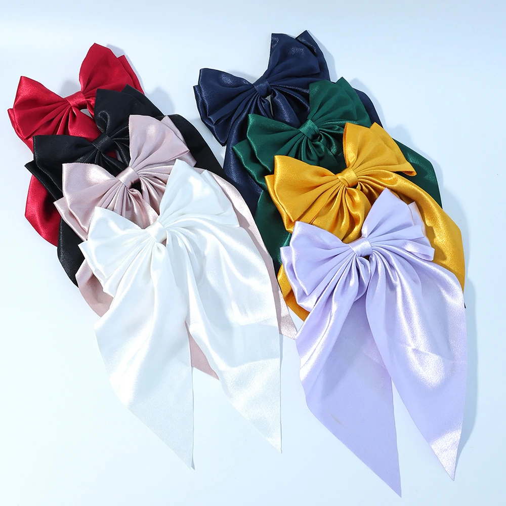 6.5inch 8pc Set of Women\'s Large Satin Layered Hair Bows Large Hair Clip Girls Hair Clips Long Ribbon Bow Hair Accessories