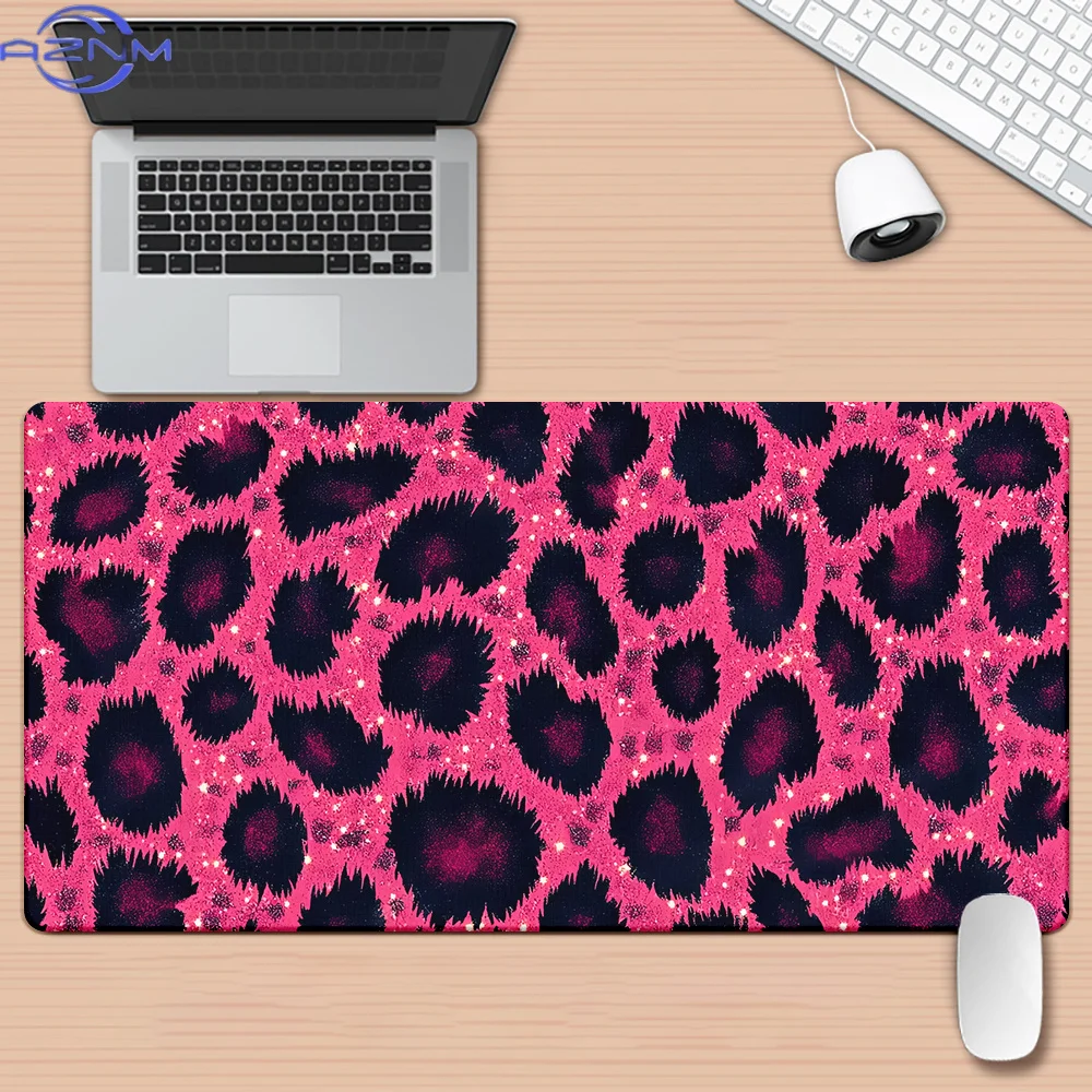 1pc Pink Leopard Print XXL Gaming Mouse Pad & Desk Mat - HD Printed Non-Slip Rubber Base, Soft Fabric Surface, 3 Sizes (600x300m