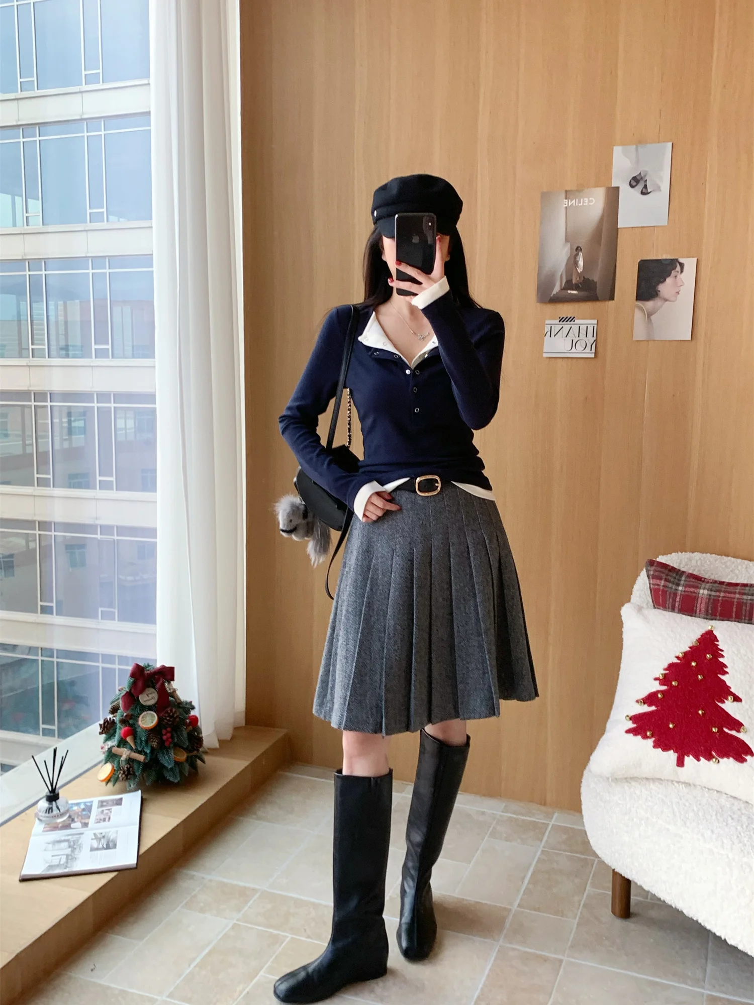 

Flipped MIM Slim Fit Color Blo Henry irt Casual Sle Long Sve V-Ne T-irt Versatile Fake Two-Piece Set