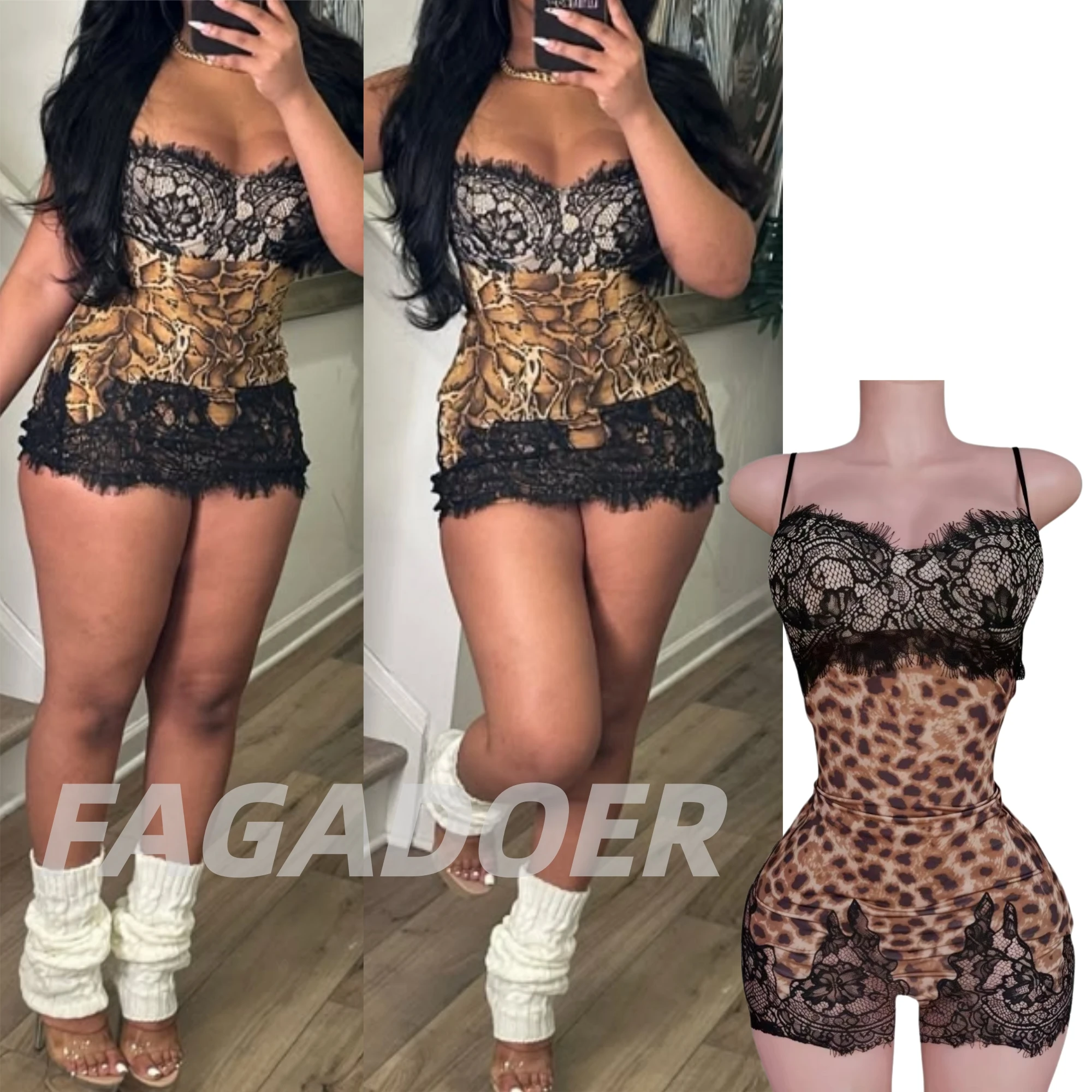 

FAGADOER Sexy Leopard Print Bodycon Mini Dress Women Spaghetti Strap Backless Lace Patchwork Dresses Female Streetwear Vestidos