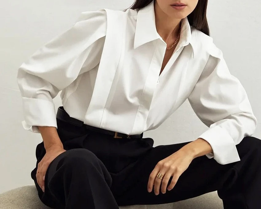 

New Square Shoulder White Shirt Women Office Commuter Elegant Design Long Sleeve Blouse