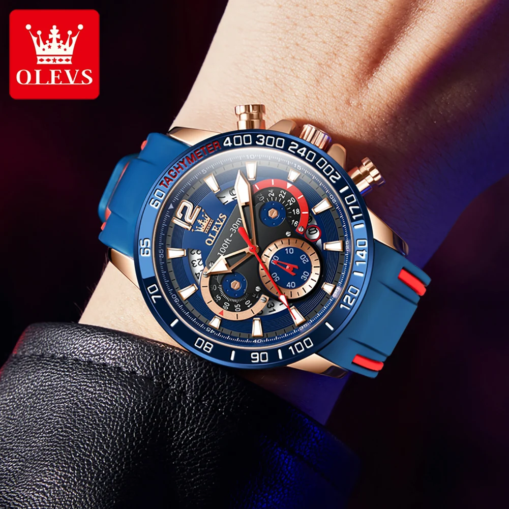 OLVES Sport Silicone Strap Blue Quartz Watch for Men Waterproof Luminous Calendar Chronograph Wristwatches Relogio Masculino