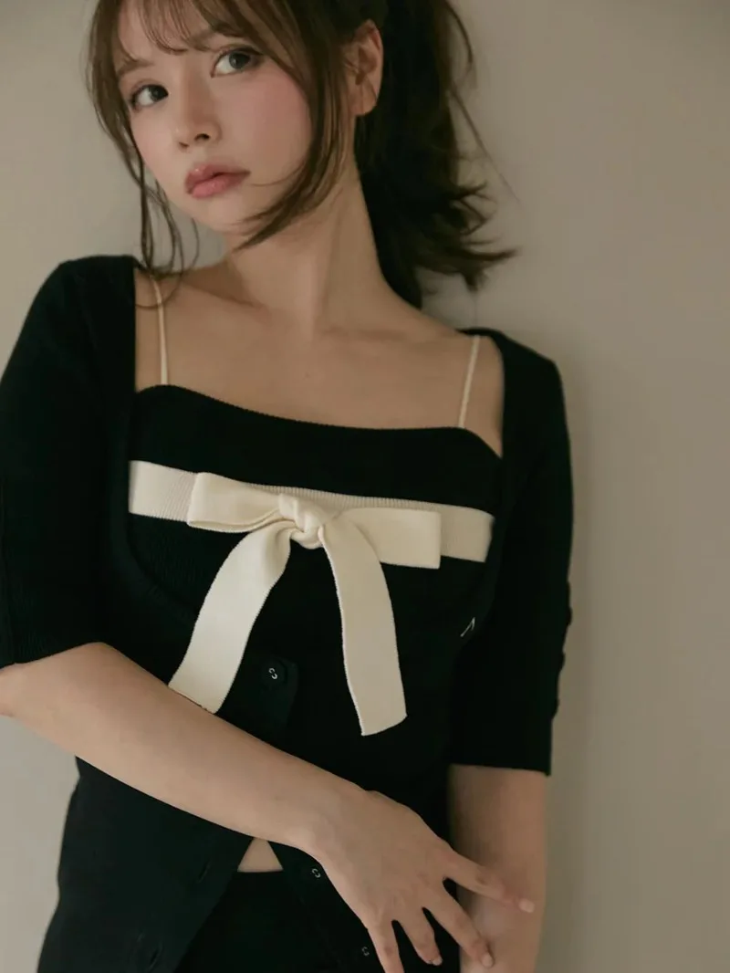 New Japanese Rojita Style Sweet Girl Bow Slim-fitting Knitted Cardigan+slings+skirt Three Pieces Set Women's Daily Wear Clothes
