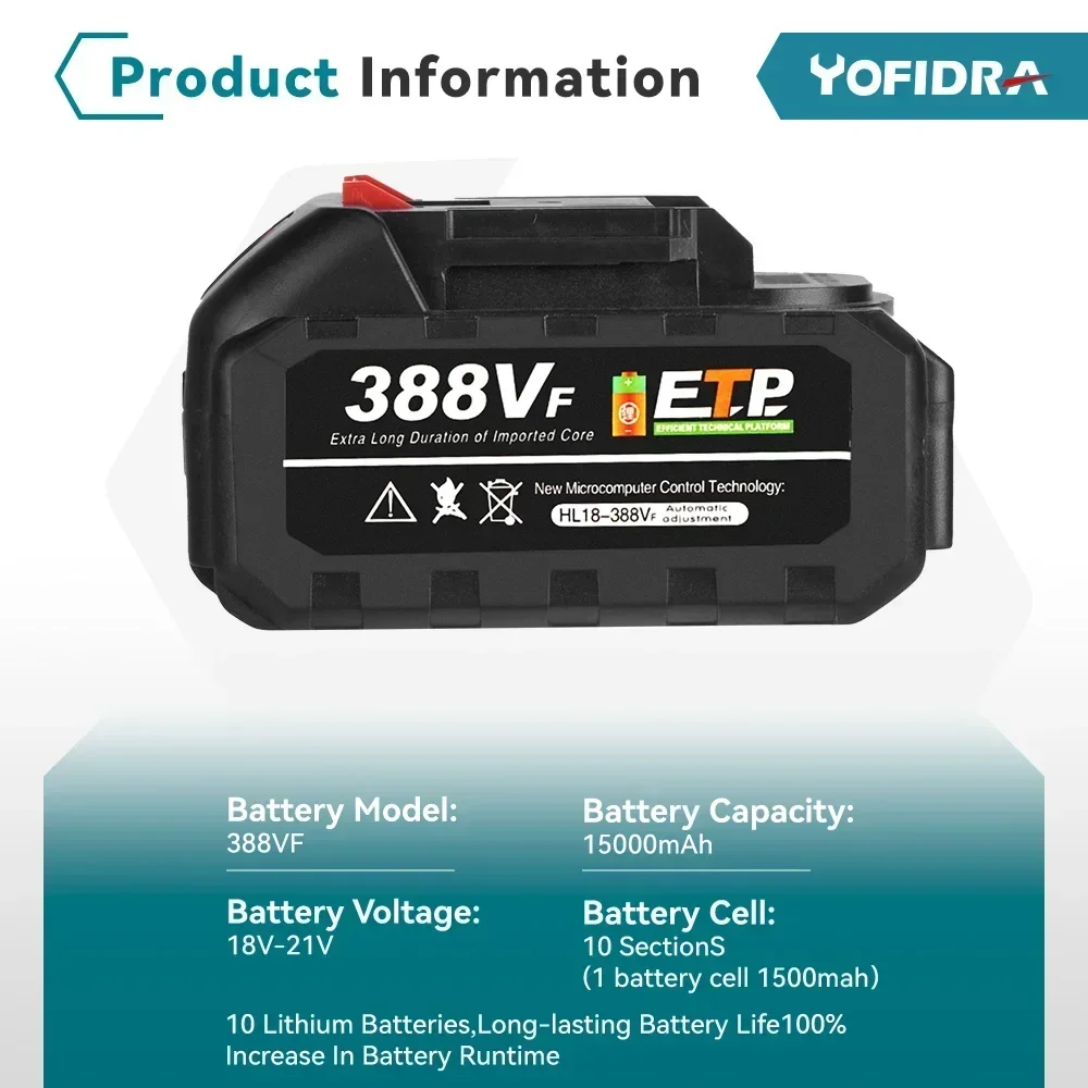 Yofidra 388VF Battery Rechargeable 22500mah 15000mah Lithium Ion Battery 928VF Li-ion Battery For 21V Electric Power Tool