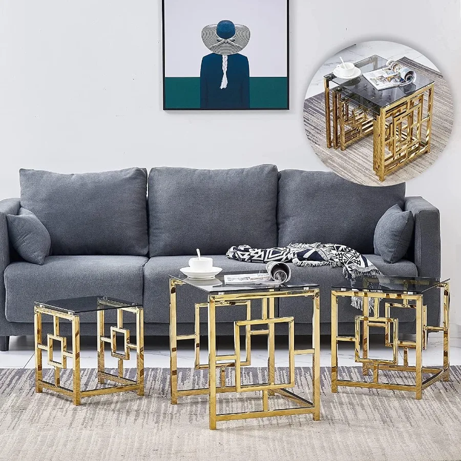 Set of 3 Nesting Coffee Tables Gold Stainless Steel Blue Grey Tempered Glass Modern Sofa Side End Tables