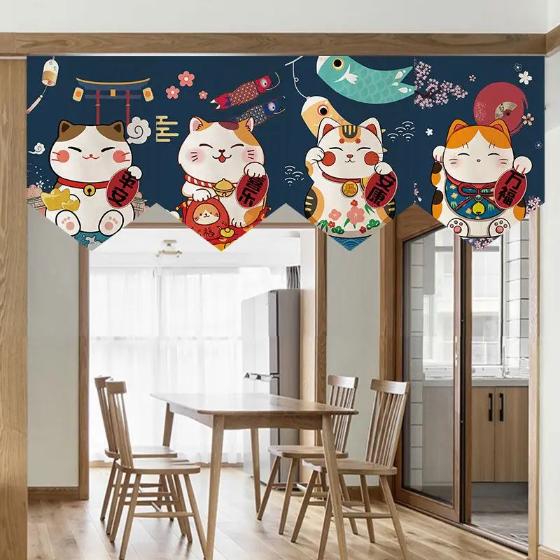 VIKAMA Lucky Cat Triangle Flag Japanese Doorway Short Curtain Noren Half Curtain Partition Entrance Home Decoration
