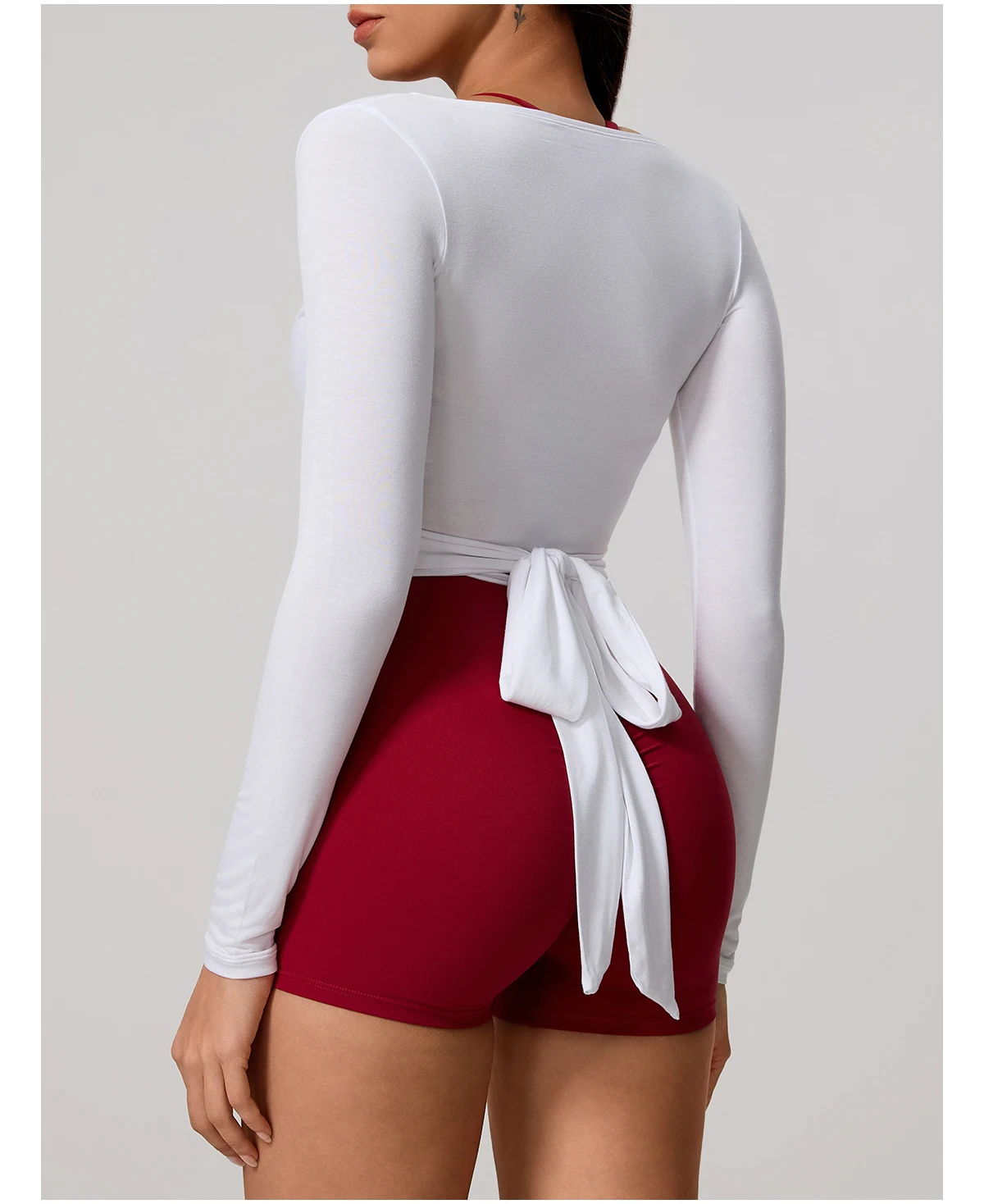 Neues Sommer-Damen-Yoga-Langarm-Einteiler-Oberteil mit Trägern – Premium-Ballett-Wrap-Top für Damen – Sport-Top für das Training – Detail 15