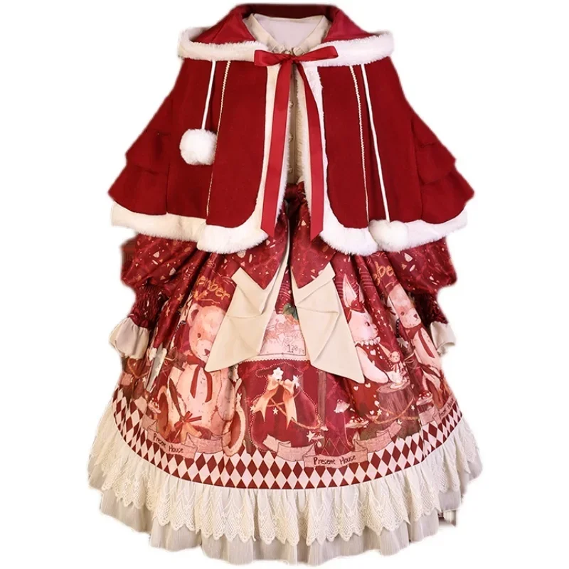 Lolita-chal de terciopelo grueso para mujer, ropa de otoño e invierno, Linda capa roja para Cosplay de Navidad