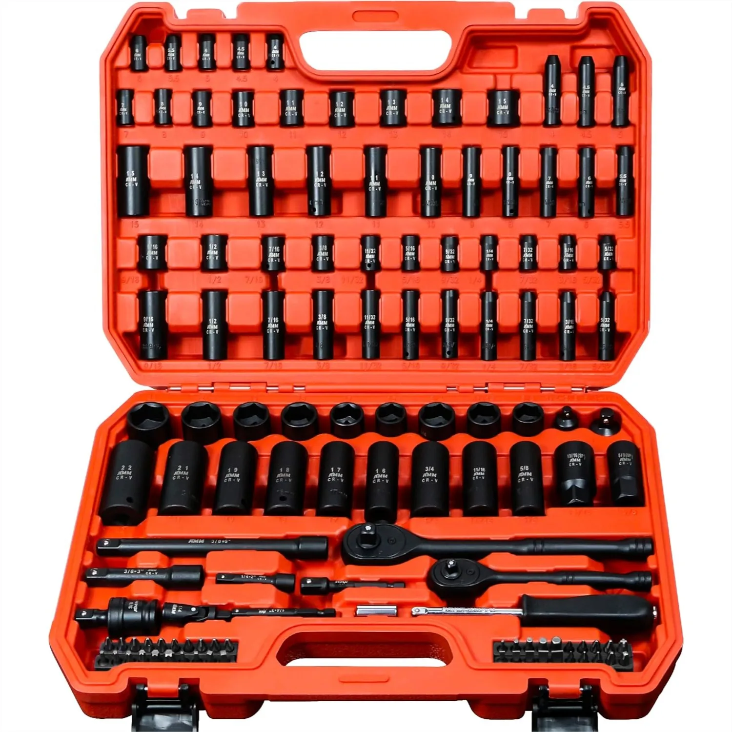 

123Pcs Impact Socket Set, 1/4 & 3/8 Drive Deep & Shallow, Metric & Standard, 72T Ratchet Handle, with Screwdrivers