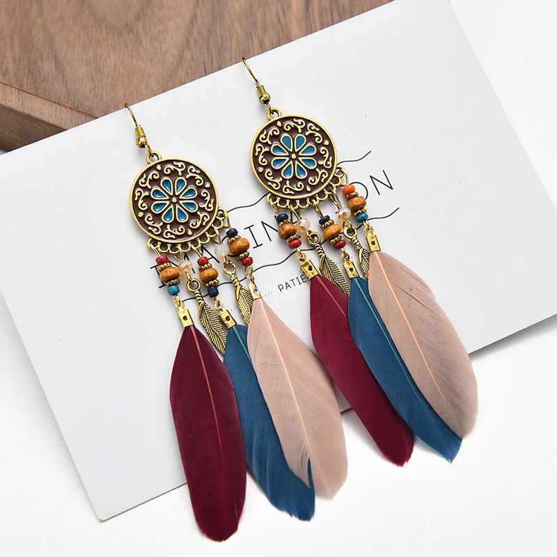 Bohemian Ethnische Lange Feder Ohrringe Boho Wasser Tropfen Gold Farbe Kette Quaste Ohrringe für Frauen Braut Hochzeit Schmuck – Detail 30