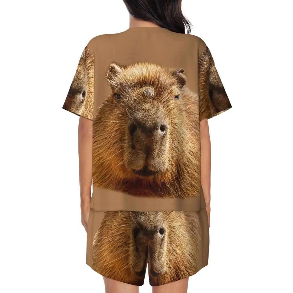 Custom Printed Women Capybara Dozing In The Sunshine Printing Pajamas Set Short Sleeve Sleepwear Loungewear Pjs 2 Piece Sets