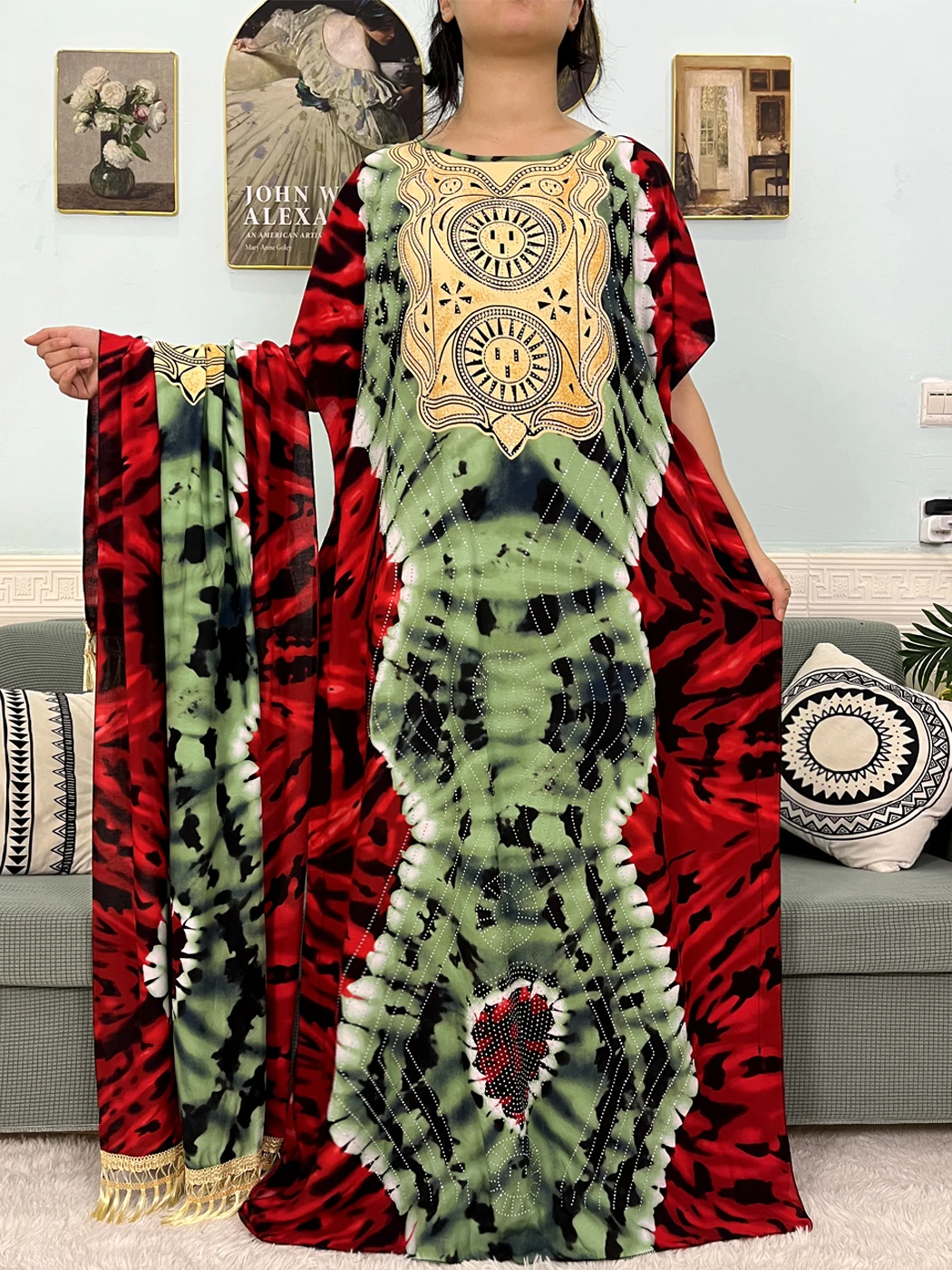 Muslim Abayas For Women Cotton Diamonds Printed Loose Caftan Marocain Femme Musulmane African Islam Dresses With 160x80cm Scarf