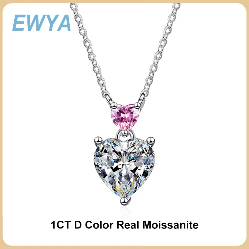 EWYA Heart Shaped 1CT Moissanite Diamond Pendant Necklace for Women 925 Sterling Silver Neck Chain Necklaces Fine Jewelry Gift