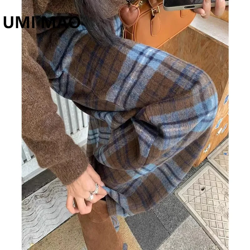 

UMI MAO синие шерстяные широкие брюки в клетку женские осенне-зимние прямые брюки в корейском стиле интернет-знаменитости с высокой талией
