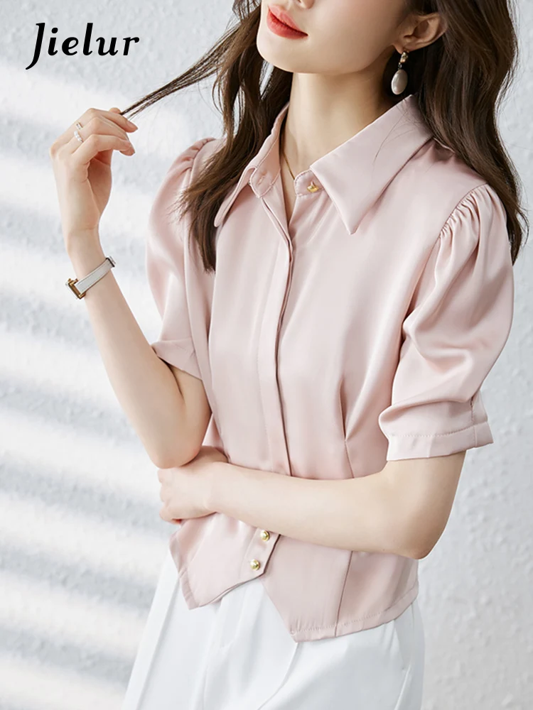 Jielur Summer New Korean Solid Color Women Blouse Chicly Sweet Ladies Elegant Slim Blouse Woman White Pink Fashion Top Female