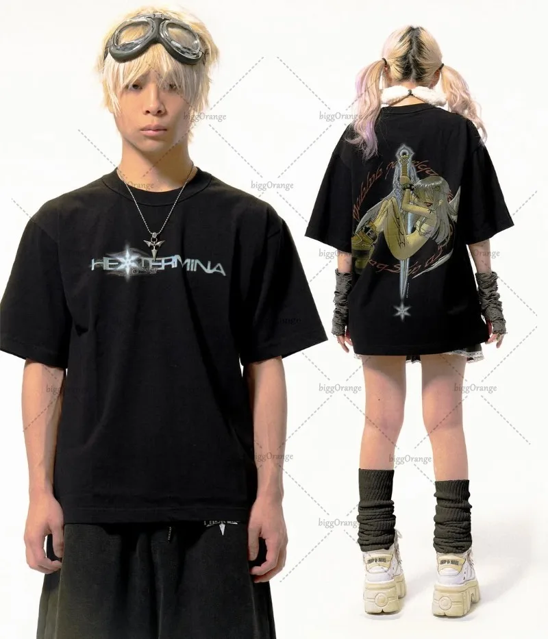 

New Gothic Punk Harajuku Y2K Graphic Top Women Trendy Streetwear Hip-hop Retro Vintage Casual Pure Cotton Oversized T-shirt Men