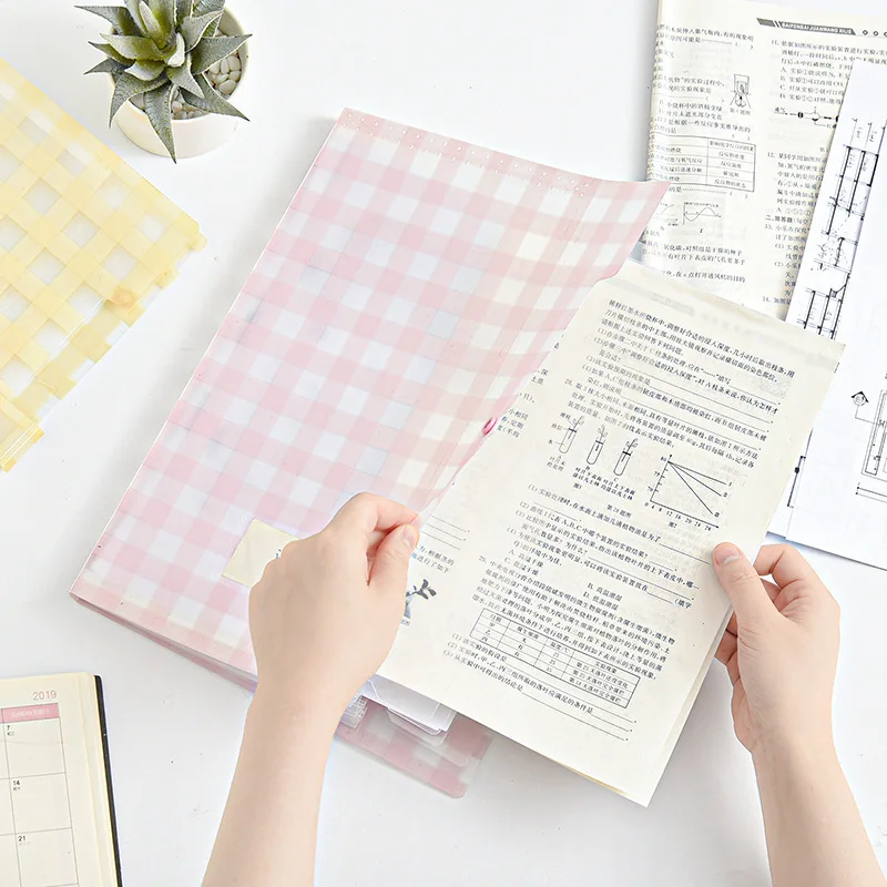 

New Pp Pink Grids File Folders Multi-Layer Waterproof Button Document Organizer Cute 4pcs A4 Organ Bags Back To School