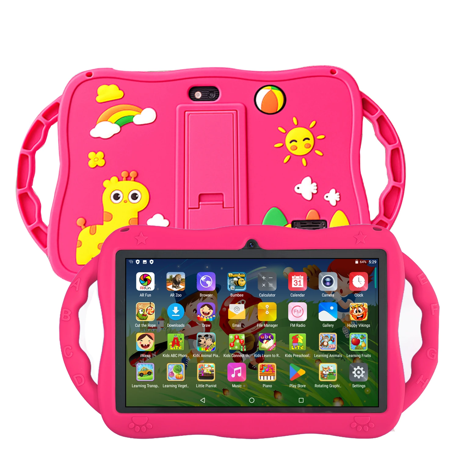 7,0 inch WiFi kindertablet met cartoonpatroon, 64GB ROM, Android 13, Google-gecertificeerd, leer- en educatieve spelletjes