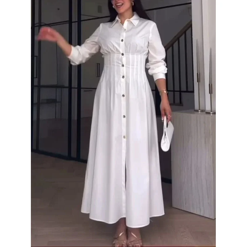 

Elegant Long-Sleeved Women's Solid Color Button Fashion Summer Dress Simple Commuting A-Line Casual White Robe Lapel