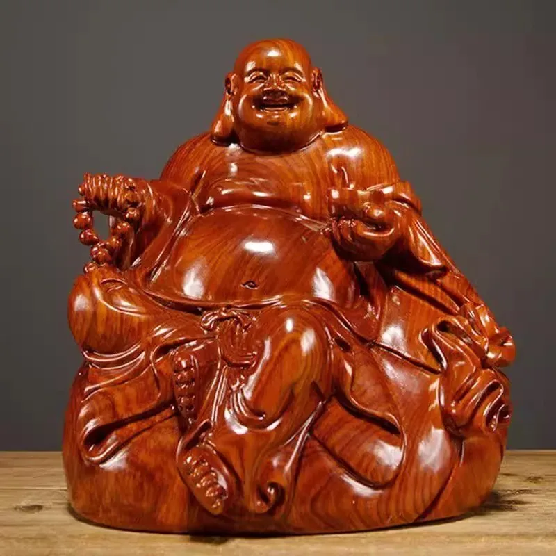 

Rosewood Carved Laughing Buddha Statue - Hand Carved Maitreya Buddha, Happiness Symbol