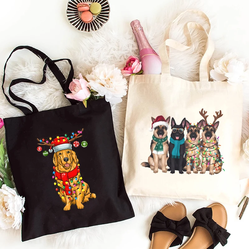 Bolso de lona de perro pastor alemán de Navidad para mujer, bolsos de compras, almacenamiento de dibujos animados ambiental, bolso de hombro reutilizable