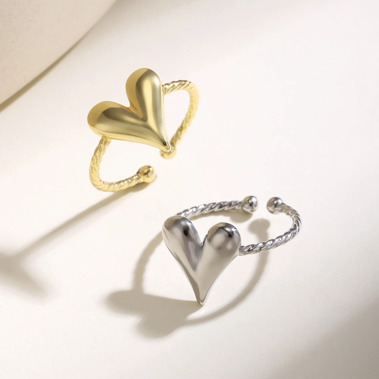 Nidin Ins Trendy Smooth Heart Shape Open Ring Adjustable For Women Vintage Elegant Stackable Daily Wear Finger Jewelry Gifts