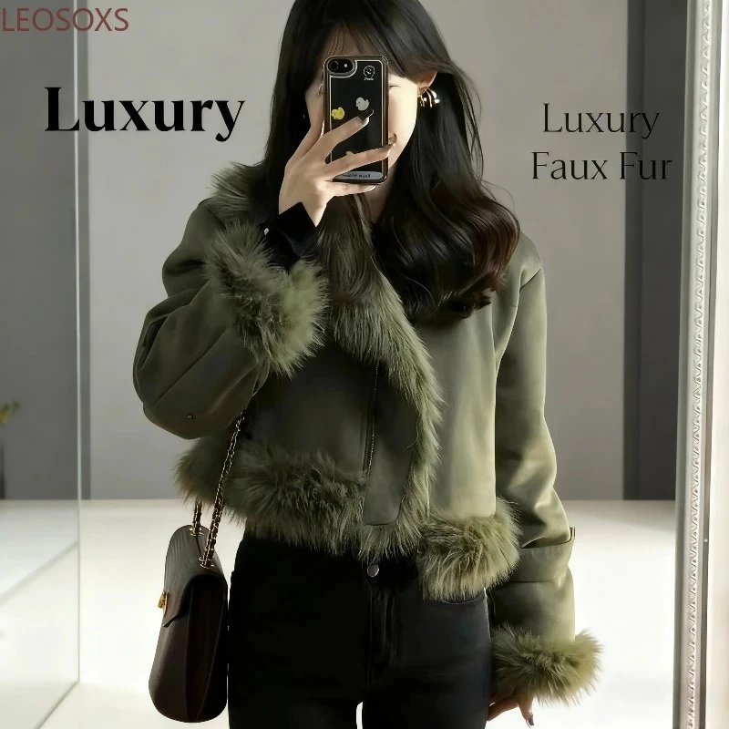 

Korean Sle Suede Jaet Women's Thiened Autumn Winter Y2K Motorbike Sle Upperwear Warm Faux Fur Collar Clothing Loose Fit Ort Coat