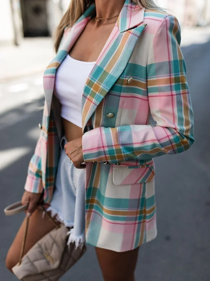 Fashion Pink Plaid and Striped Blazer Office Lady Lapel Double Breasted Business Commute Blazers Spring Autumn Elegant Chic Coat