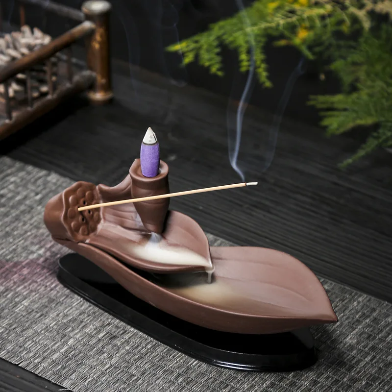 Double Leaf Like Flowing Lotus Backflow Incense Burner Ceramics Sandalwood Incense Sticks Holder with Plastic Bottom Home Decor