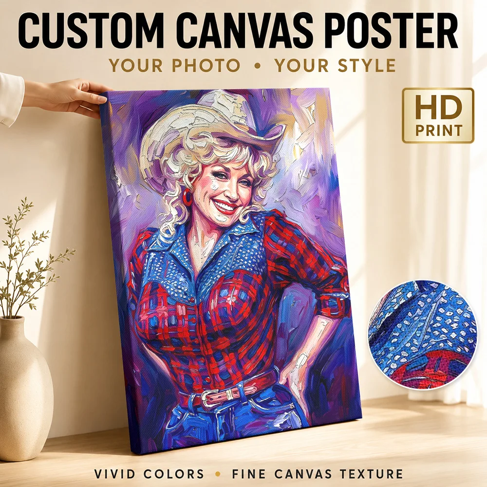 Dolly Parton In Cowboy Hat Framed Canvas Poster Customized Photo Purple And Gold Brushstrokes Wall Art For Farmhouse Kitchen