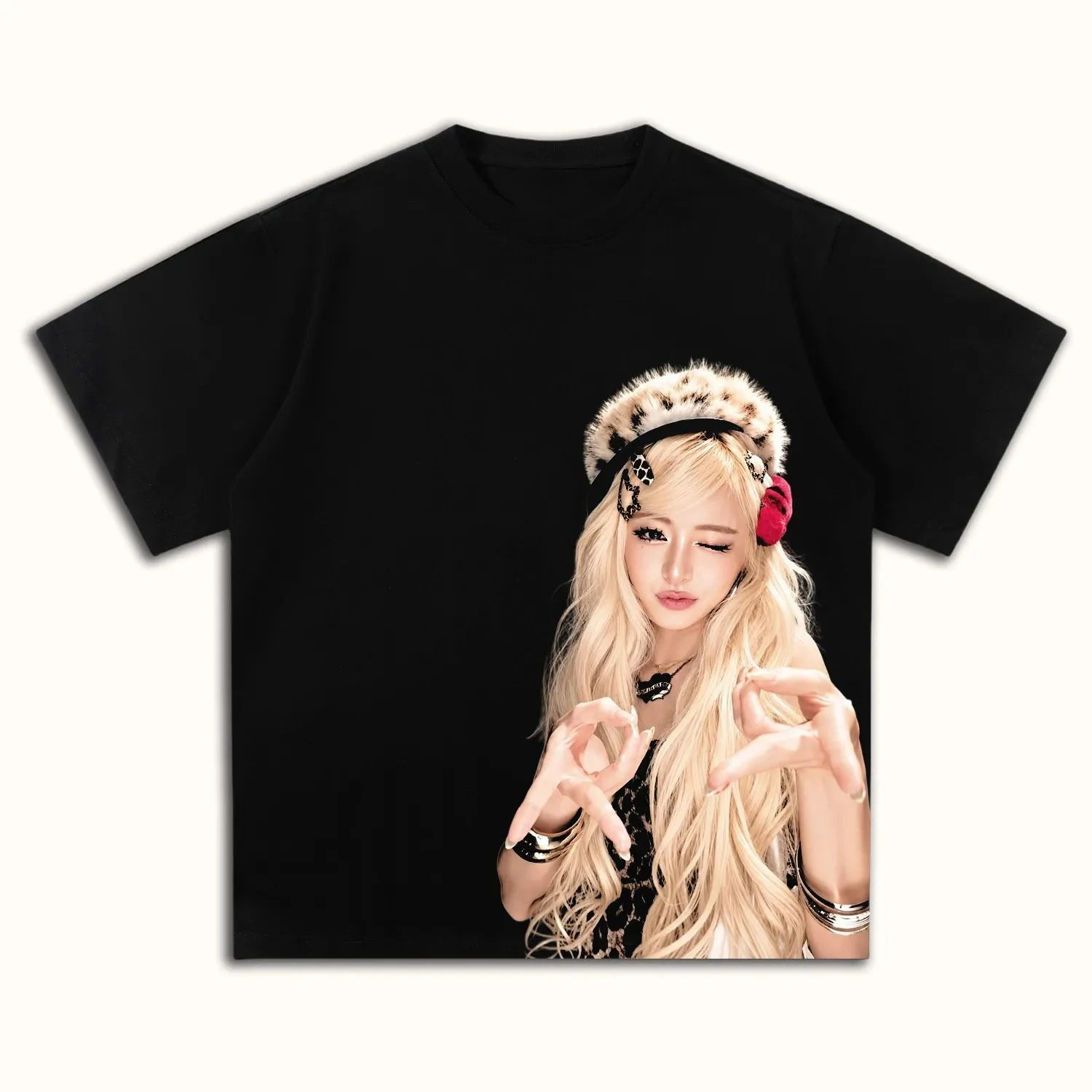 Kpop Aespa Karina Korea Idol Fan Wink Heart Tee Men's Women's Retro Cool Graphic Print Oversized Short Sleeve Streetwear Top