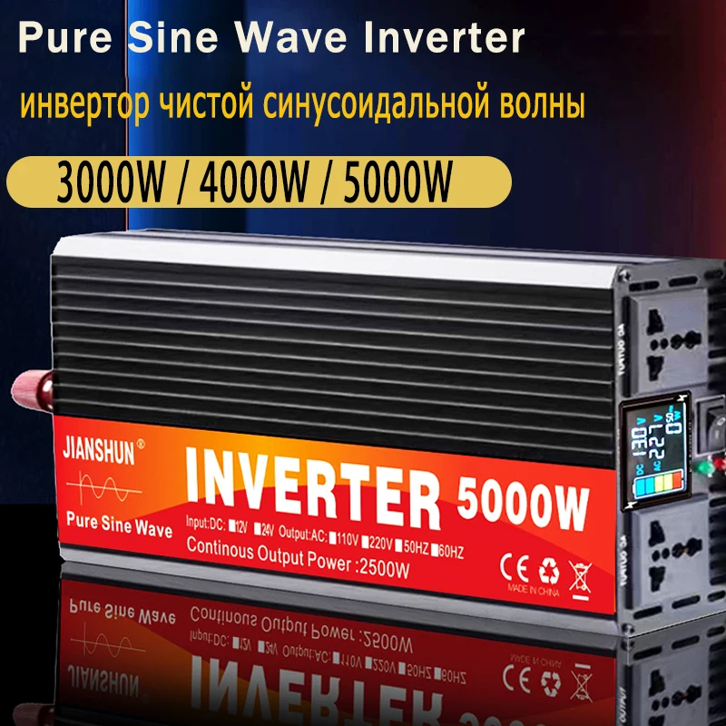 Pure Sine Wave Inverter 3000W 4000W 5000W LCD Display Dual Universal Socket DC 12V To AC 220V Voltage Converter Power Supply