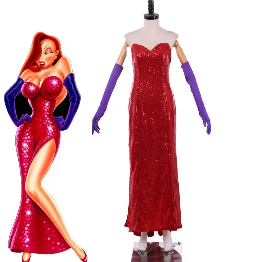

Movie Who Framed Roger Rabbit Jessica Cosplay Costume Sexy Tube Sleeveless High Split Sequined Dress Suits Halloween Party
