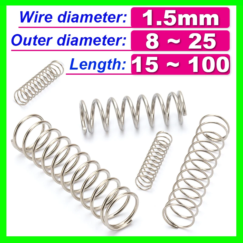 10pcs 304 Stainless Steel Spring Wire Diameter 1.5mm Compress Pressure Spring Rotor Return Buffer Cylidrical Coil Od 8mm~25mm