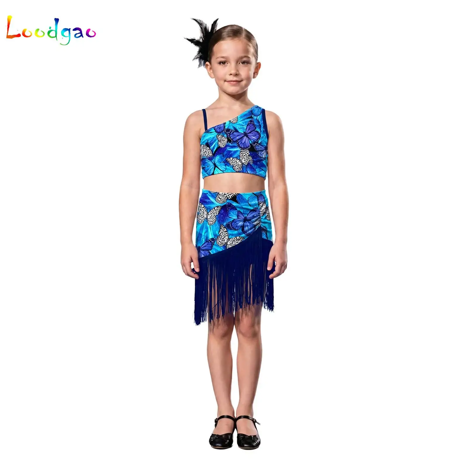 Children Latin Jazz Dance Outfit Girls Cha-cha Tango Rumba Samba Ballroom Salsa Ballet Skating Leotard Dress Crop Top+Skirt Set