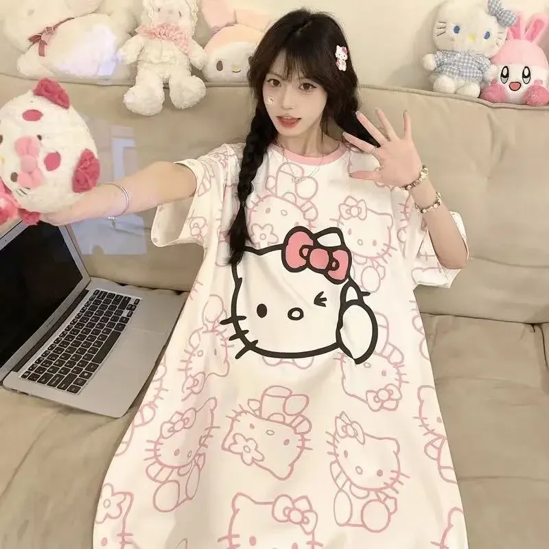 

Anime Hello Kitty Women Pajamas Cotton Sleepwear Girls Short Sleeve Loose Plus Size Sleep Dress Comfortable Summer Nightgown